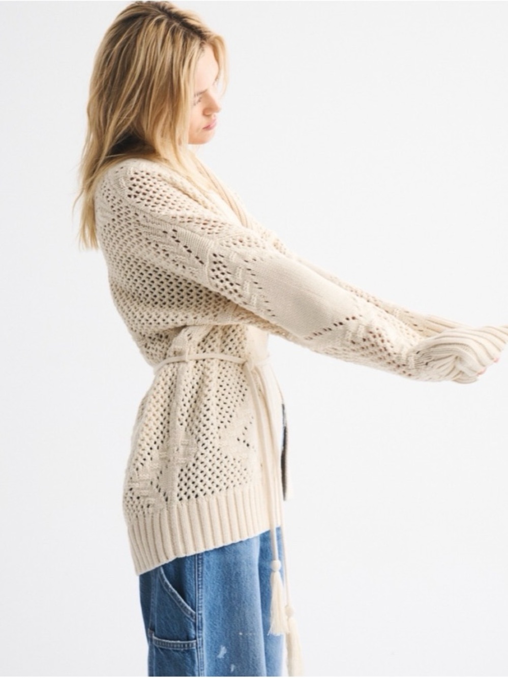 Abercrombie & Fitch Cream Openwork Belted Knit Cardigan